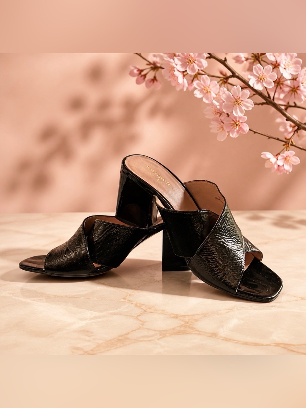 kate spade Black Patent Crisscross Block Heel Mules